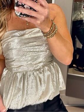 Shimmery silver Metallic Peplum spaghetti adjustable straps gathered bubble hem